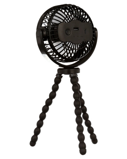 Black handheld fan with a flexible tripod on a white background