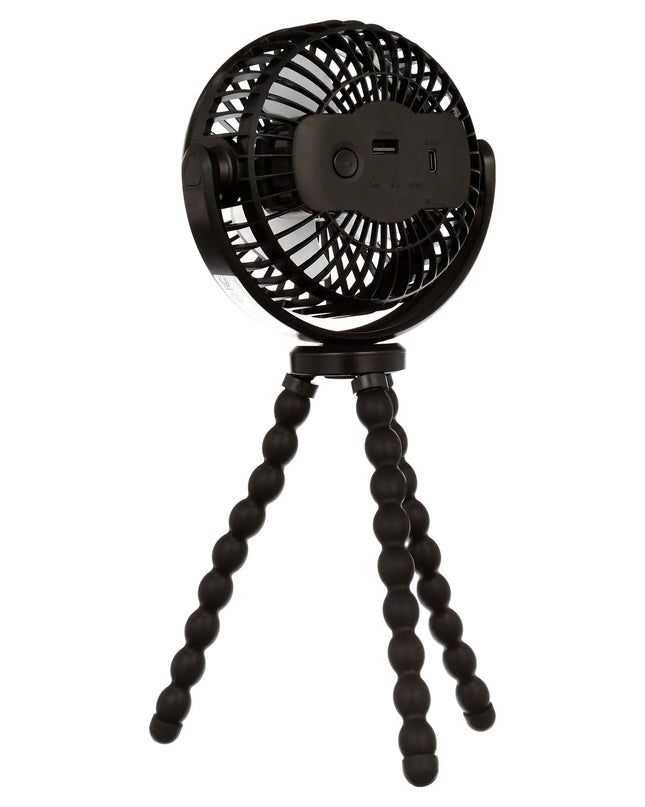 Black handheld fan with a flexible tripod on a white background