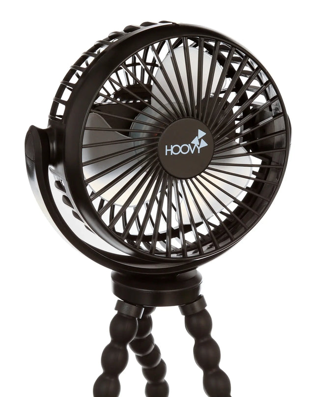 Black handheld fan with 'Hoovy' branding on a white background