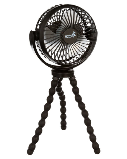 Black portable fan with tripod stand on a white background