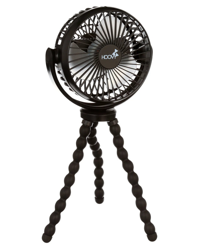 Black portable fan with tripod stand on a white background