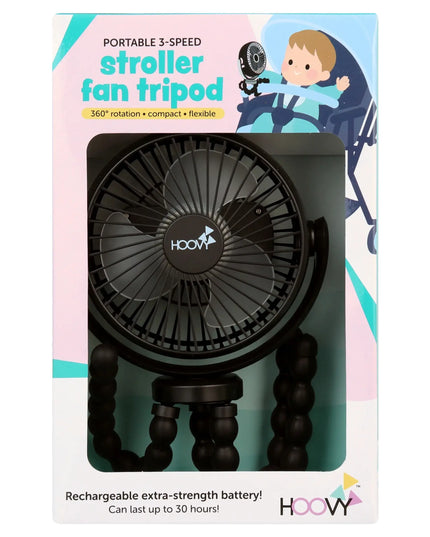 Portable stroller fan tripod packaging with HOOVY branding