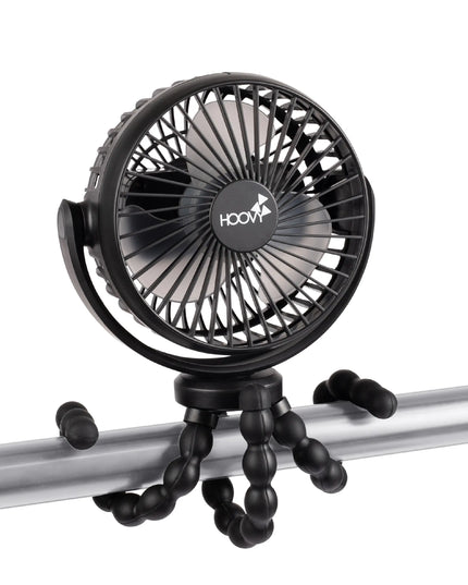 Black fan with a flexible arm on a white background