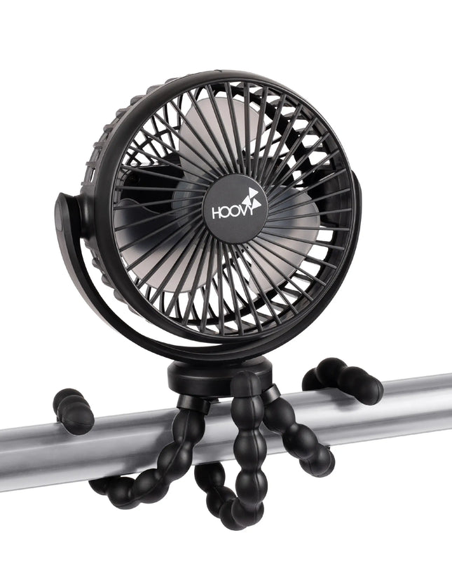Black fan with a flexible arm on a white background