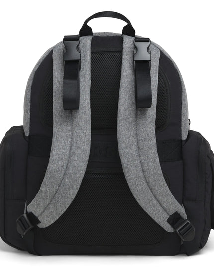 Black backpack with gray straps on a white background