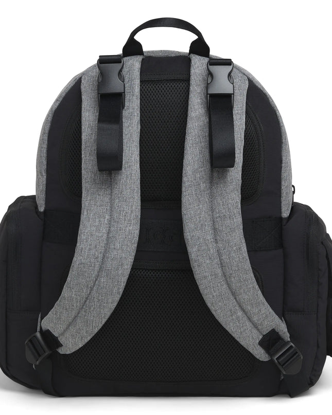 Black backpack with gray straps on a white background