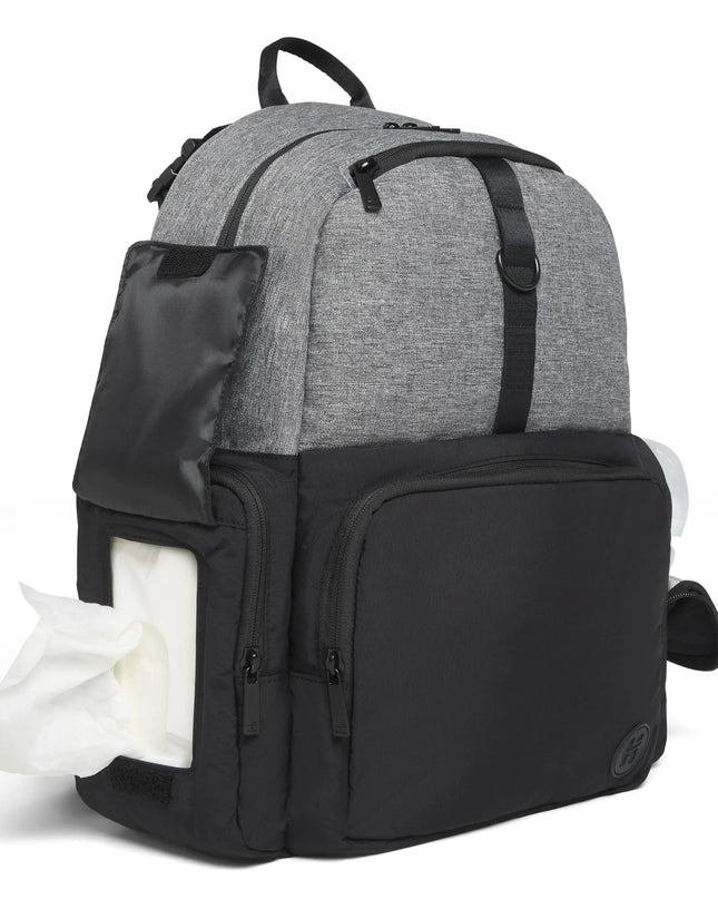 Gray and black backpack with a front pocket on a white background
