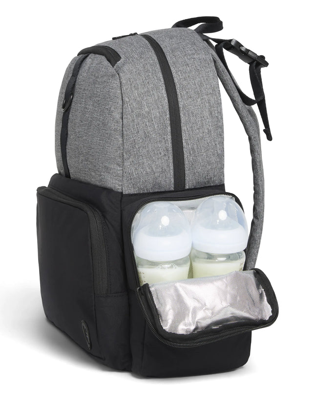 Gray and black backpack with insulated compartments containing bottles on a white background