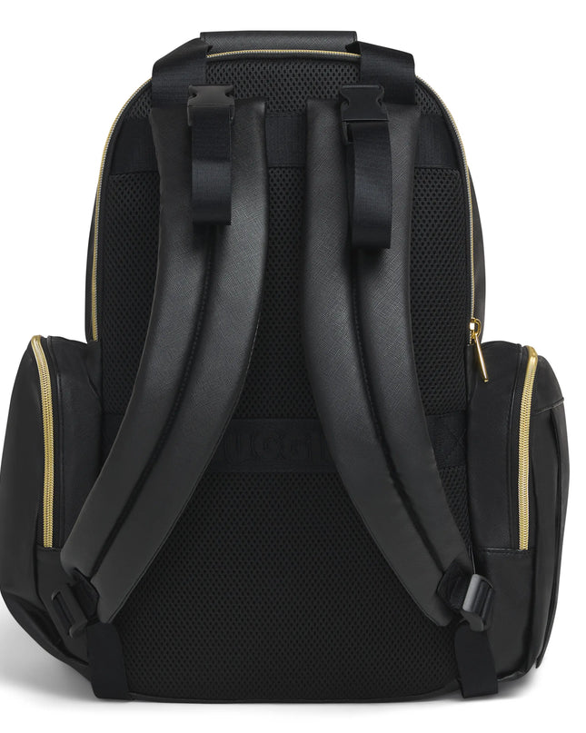 Black backpack with shoulder straps on a white background