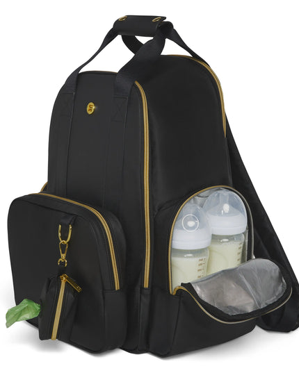 Black backpack with a bottle and green leaf on a white background