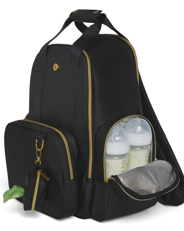 Black backpack with a bottle and green leaf on a white background