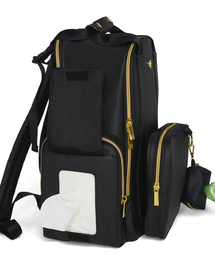 Black backpack with gold zippers on a white background
