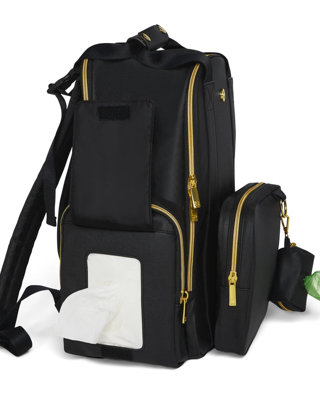 Black backpack with gold zippers on a white background