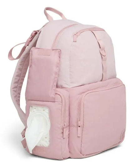 Pink backpack with a diaper bag section on a white background
