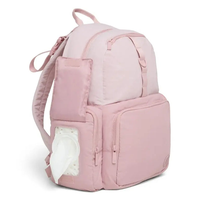 Pink backpack with a diaper bag section on a white background