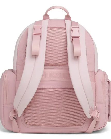 Pink backpack with white straps on a white background
