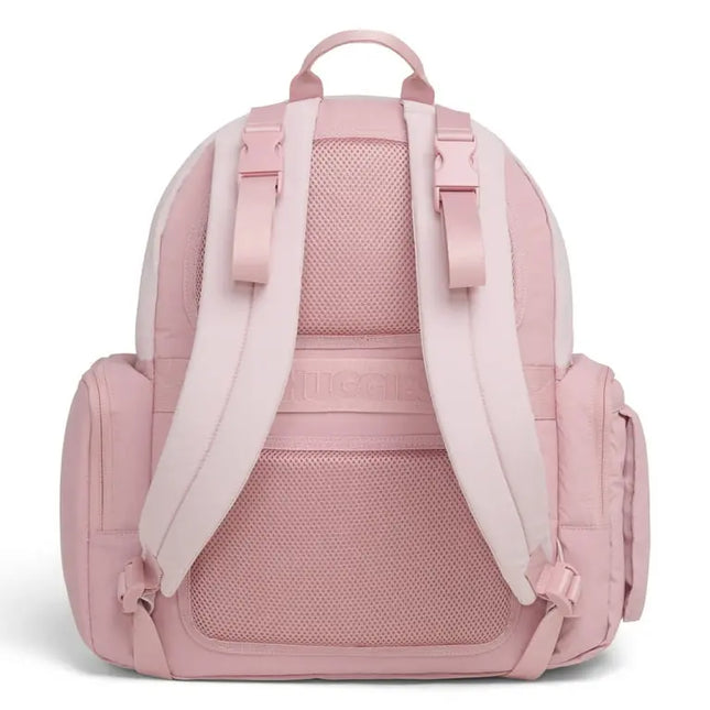 Pink backpack with white straps on a white background