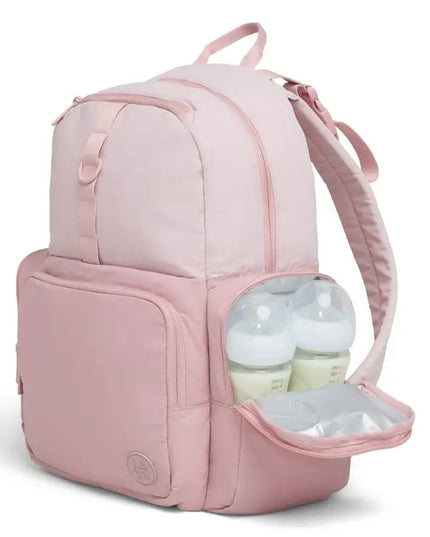 Pink backpack with a compartment containing baby bottles on a white background