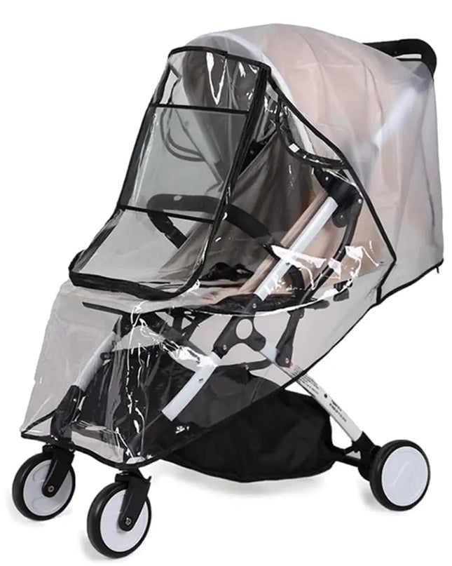 Clear rain cover on a stroller with a white background