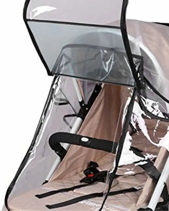 Baby stroller with clear rain cover on a white background