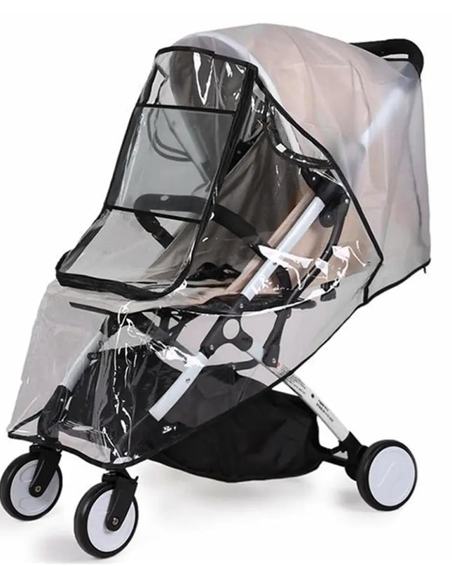 Clear stroller cover on a white background