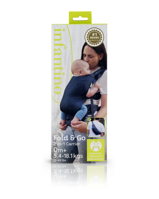 Packaging of an infant carrier with a woman holding a baby, featuring the brand 'infantino'.