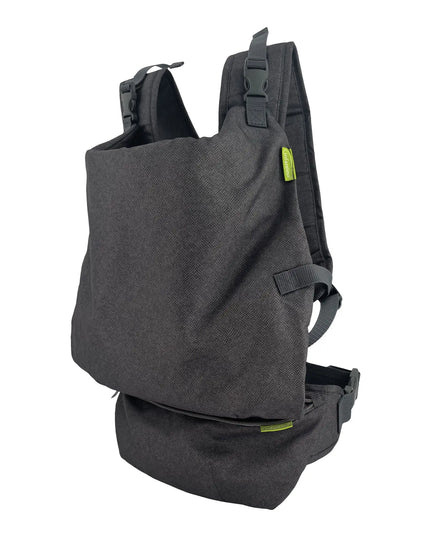 Gray backpack with a front pocket on a white background