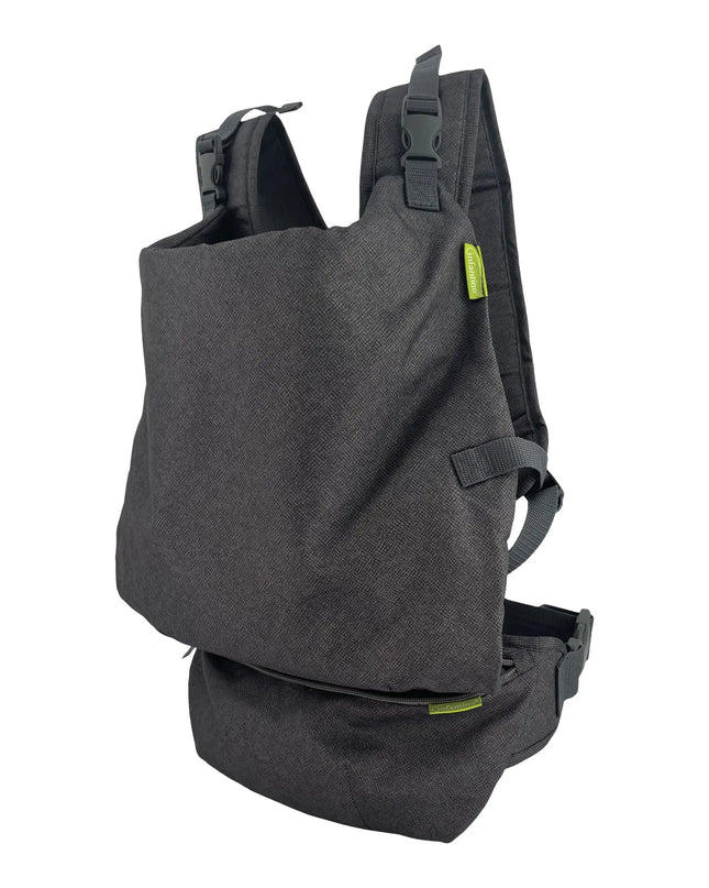 Gray backpack with a front pocket on a white background