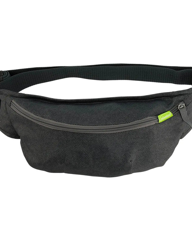 Black waist bag with a green tag on a white background