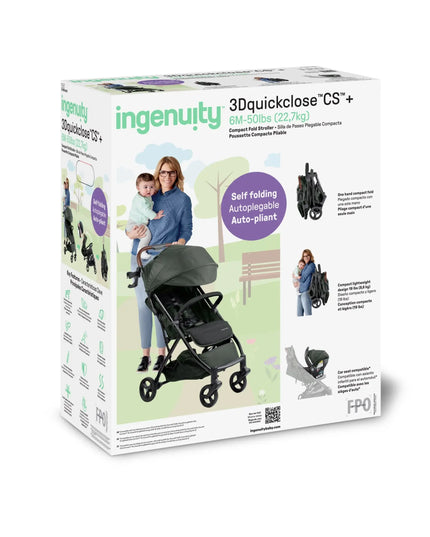 Ingenuity stroller packaging with images of a woman and child, and text about the product features.