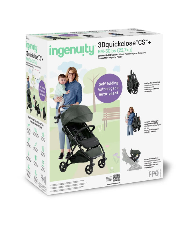 Ingenuity stroller packaging with images of a woman and child, and text about the product features.