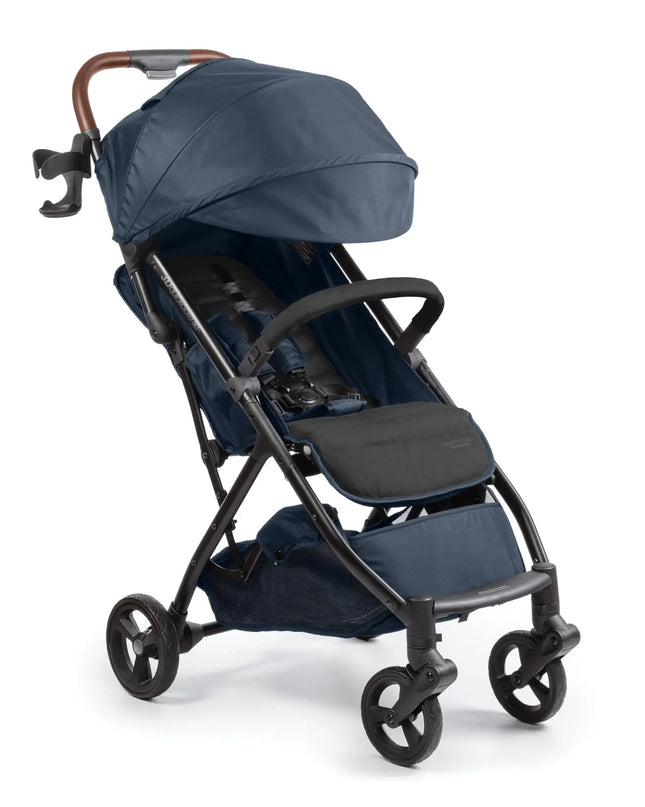 Navy blue stroller with black frame on a white background