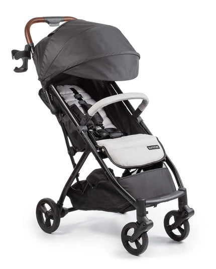 Black and gray stroller on a white background