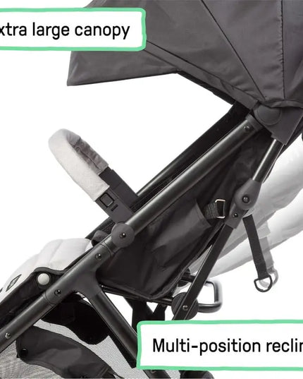 Stroller with extra large canopy and multi-position recline feature on a white background