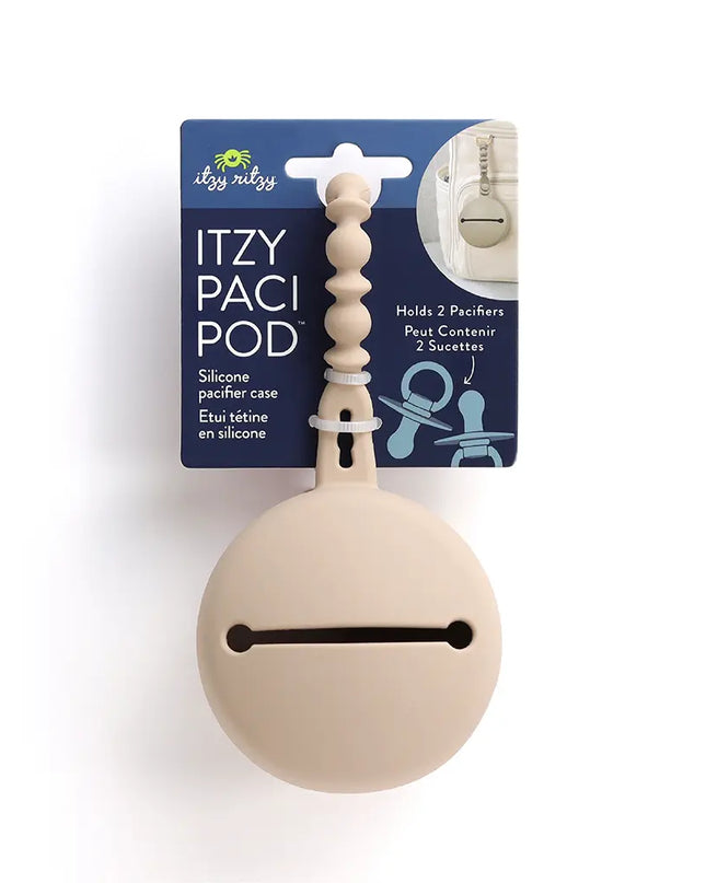Beige pacifier holder with packaging on a white background