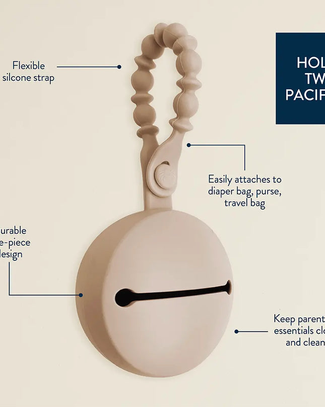 Beige pacifier holder with text highlighting features on a beige background