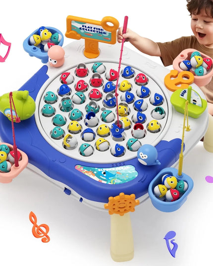 Colorful fishing game toy with children playing around it on a white background