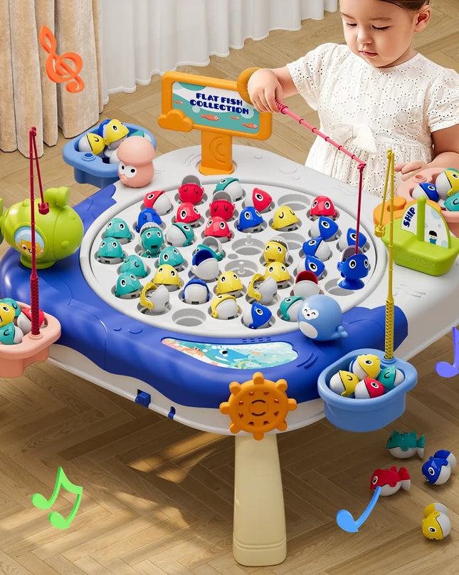 Child playing with a colorful fishing toy set on a wooden floor.