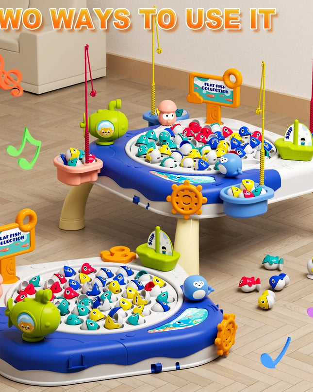 Children's toy fishing game set with colorful fish and accessories on a wooden floor.