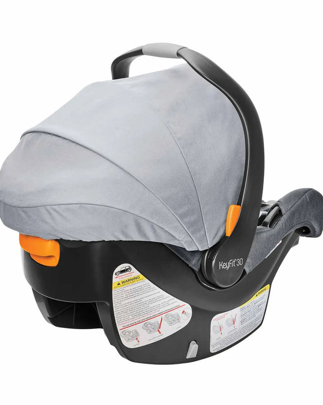 Gray baby car seat with orange accents on a white background