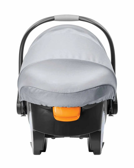 Gray baby car seat with orange base on a white background