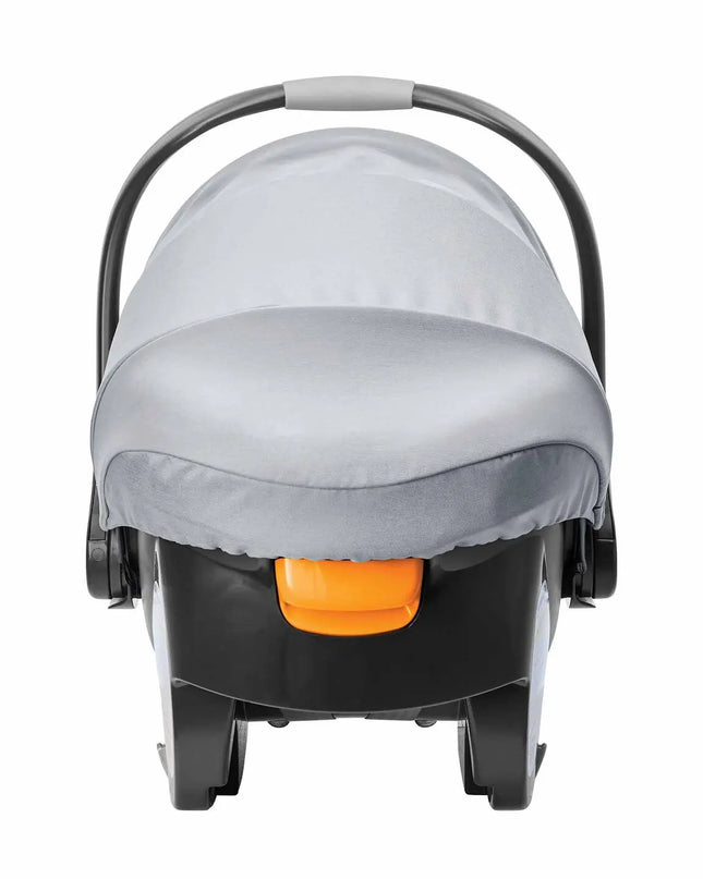 Gray baby car seat with orange base on a white background
