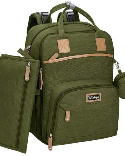 Green backpack with attached pouch and small round bag on a white background