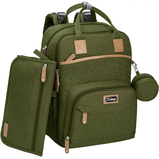 Green backpack with attached pouch and small round bag on a white background