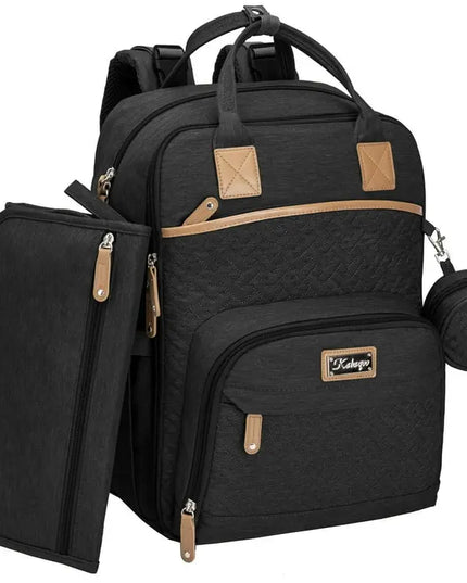 Black backpack with brown accents and a pouch on a white background