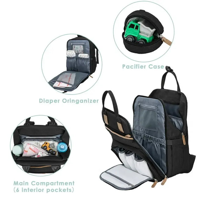 Black backpack with multiple compartments and a pacifier case, diaper organizer, and main compartment highlighted.