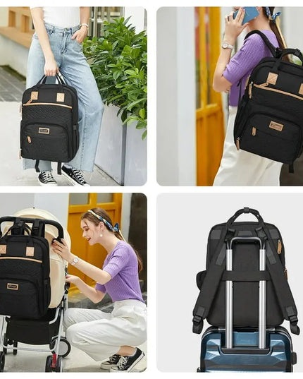 Black backpack with gold accents used by different people in various settings.
