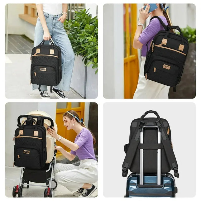Black backpack with gold accents used by different people in various settings.