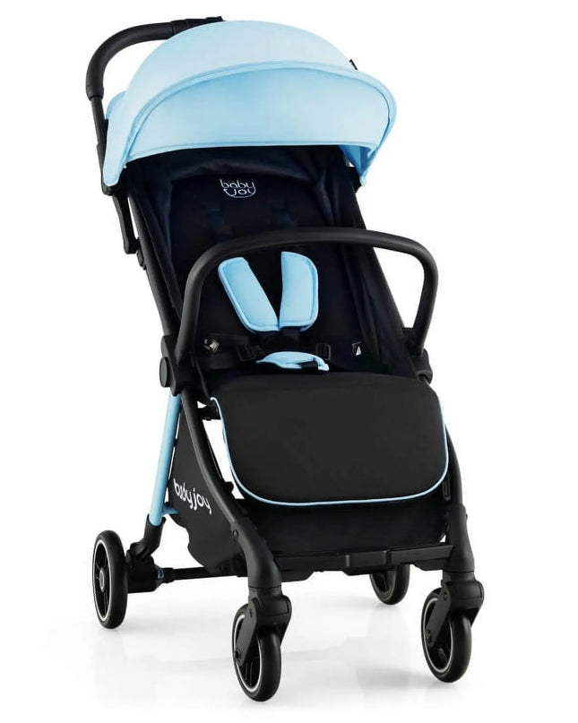 Baby stroller with blue canopy and seat on a white background