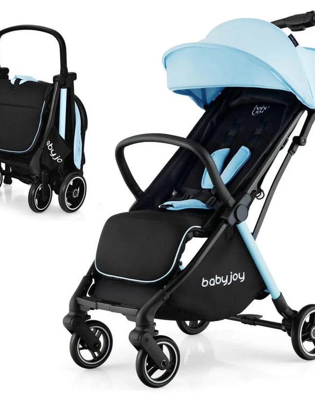 Black and light blue baby stroller with folded bag on a white background